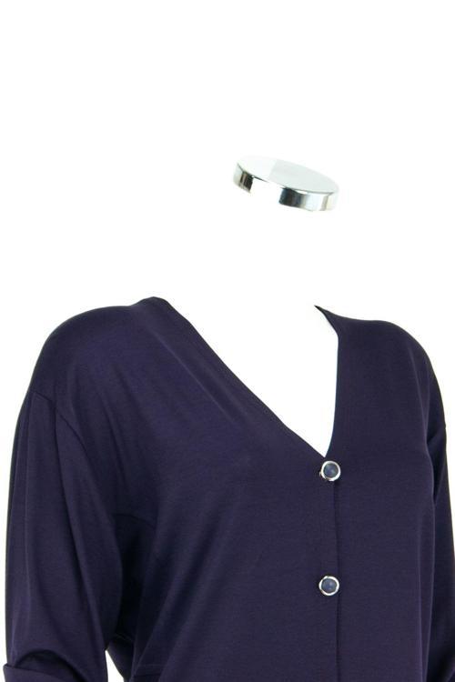 Kadın Önü Düğmeli Ve Cepli Normal Kesim Likralı V Yaka Turlu Viskon Penye Kumaş Anne Hırka Mor 3XL