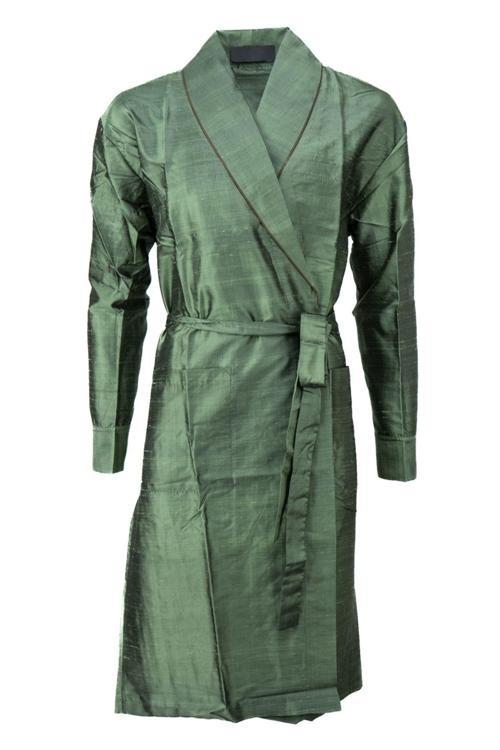 Erkek Şık Klasik Model Röpteşambır Premium Poplin Saten Çınar Model Cepli Rob Beli Kuşaklı Yeşil M