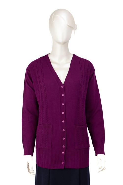 Kadın Kışlık Örgü Desenli Düğmeli Çift Cepli Uzun Kollu Likralı Kardelen Dokuma Anne Hırka Mürdüm XL