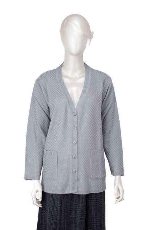 Kadın Mevsimlik Çelik Örme Anne Hırka Çift Cepli Düğmeli Klasik Rahat Kesim Tam Kalıp Gri M