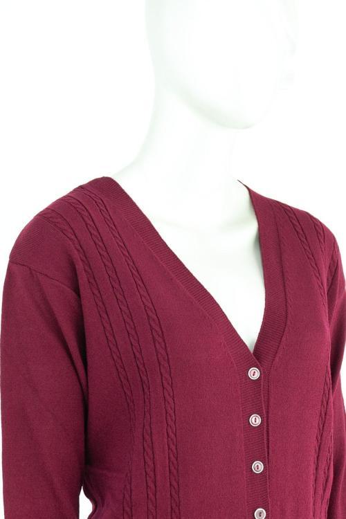 Kadın Kışlık Örgü Desenli Düğmeli Çift Cepli Uzun Kollu Likralı Kardelen Dokuma Anne Hırka Bordo L