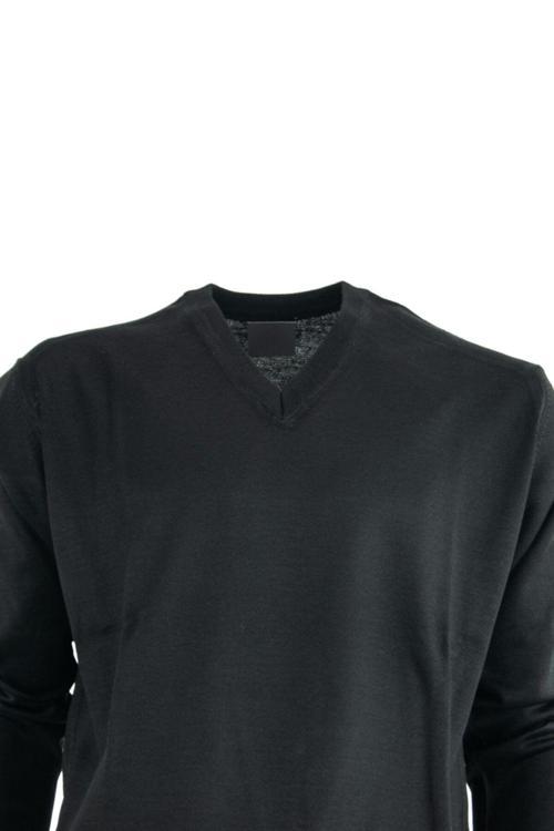 Erkek Uzun Kollu V Yakalı Düz Renk Klasik Model Rahat Kesim Tam Kalıp Yünlü Dokuma Kazak Siyah 2XL