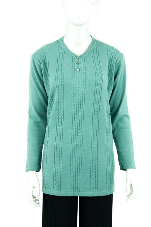 Kadın Kışlık Motifli Armut Yaka Üç Düğmeli Likralı Pamuklu Kardelen Dokuma Anne Kazak Su Yeşili L