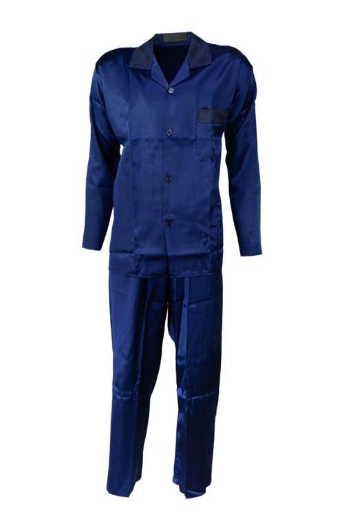 Erkek Şık Klasik Model Pijama Takımı Premium Saten Kumaş Eşsiz Model Cepli Tam Kalıp Lacivert M