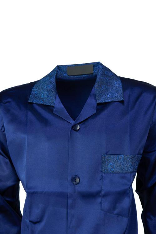 Erkek Şık Klasik Model Pijama Takımı Premium Saten Kumaş Fermo Model Cepli Tam Kalıp Lacivert L