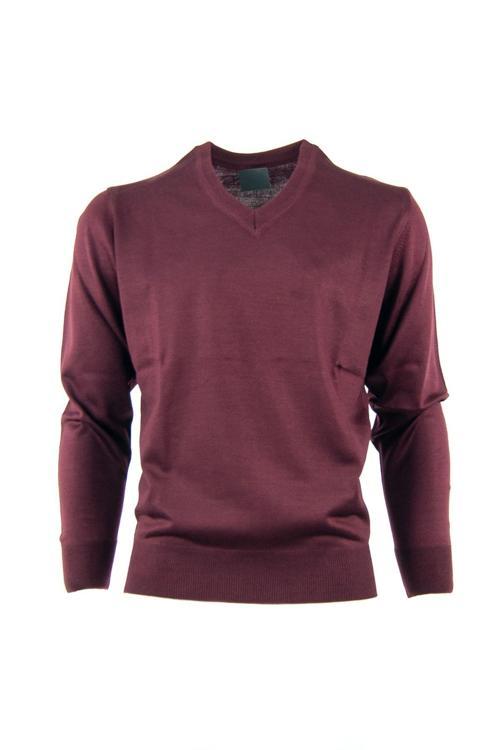 Erkek Uzun Kollu V Yakalı Düz Renk Klasik Model Rahat Kesim Tam Kalıp Yünlü Dokuma Kazak Bordo S