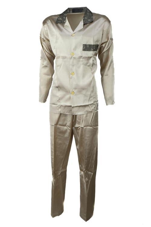 Erkek Şık Klasik Model Pijama Takımı Premium Saten Kumaş Fermo Model Cepli Tam Kalıp Bej M