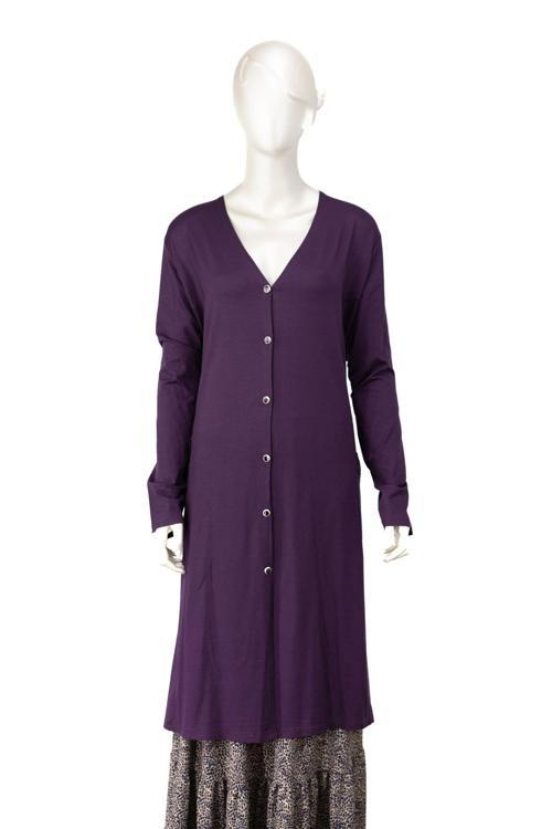 Kadın Turlu Viskon Penye Kumaş Anne Uzun Hırka V Yaka Düğmeli Cepli Rahat Kesim Tam Kalıp Mor 4XL