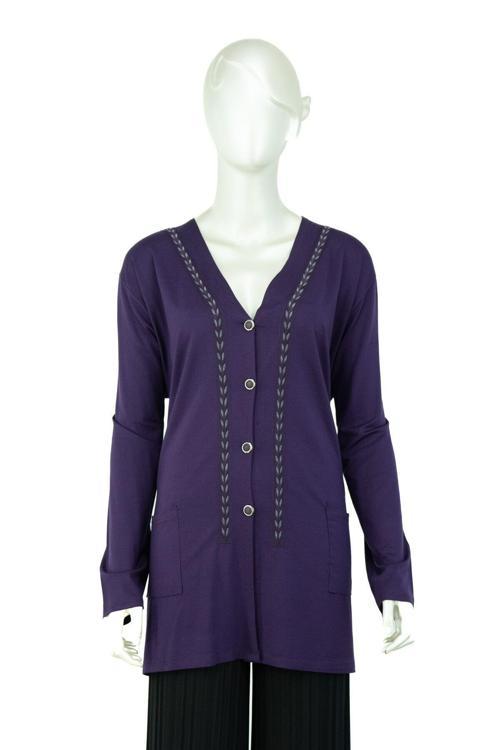 Kadın Önü Düğmeli Ve Çift Cepli Örgü Detaylı Tam Kalıp Turlu Viskon Penye Kumaş Anne Hırka Mor 4XL