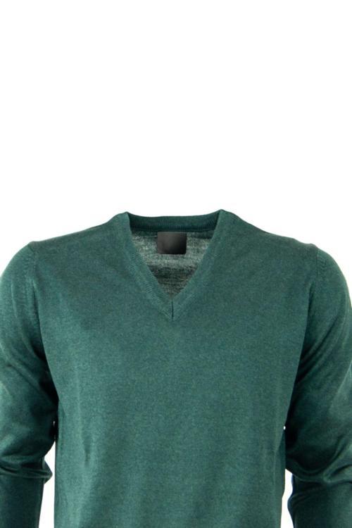 Erkek Uzun Kollu V Yakalı Düz Renk Klasik Model Rahat Kesim Tam Kalıp Yünlü Dokuma Kazak Yeşil S