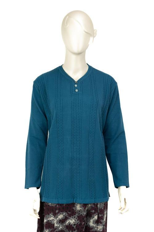 Kadın Kışlık Kendinden Motifli V Yaka Pamuklu Kardelen Tam Kalıp Dokuma Anne Kazak Mavi M