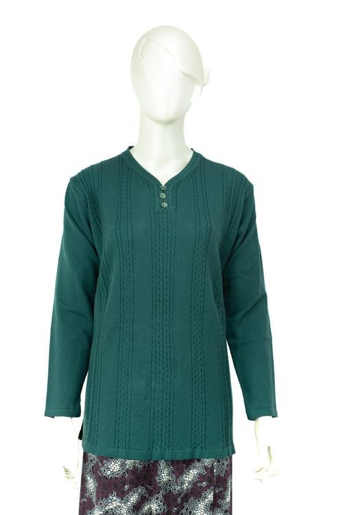 Kadın Kışlık Kendinden Motifli V Yaka Pamuklu Kardelen Tam Kalıp Dokuma Anne Kazak Petrol Yeşili M