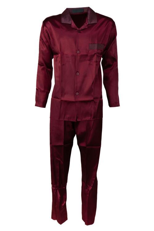 Erkek Şık Klasik Model Pijama Takımı Premium Saten Kumaş Kuvartz Model Cepli Tam Kalıp Bordo M