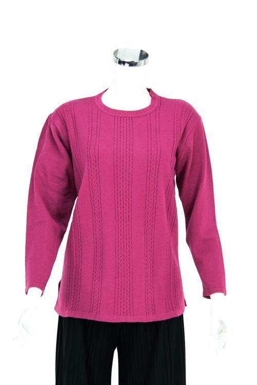 Kadın Kışlık Motifli Yuvarlak Yaka Normal Kesim Likralı Pamuklu Kardelen Dokuma Anne Kazak Fuşya L