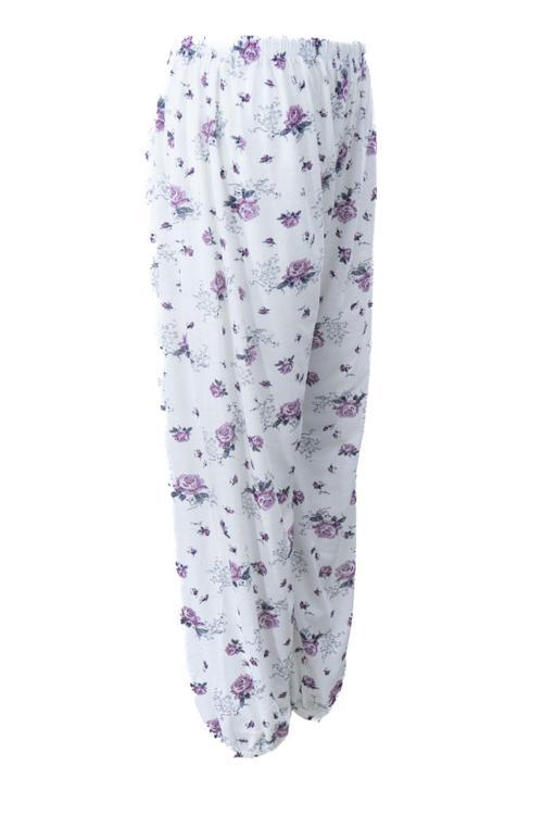 Kadın Yazlık Içlik Anne Pijama Altı Battal Beden Lastikli Paça %100 Pamuk Çiçek Desenliklasik Koyu Mor 2XL