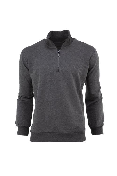 Erkek Mevsimlik Yarım Fermuarlı Tamkalıp Likralı Premium Pamuklu Kumaş İki İplik Sweatshirt Füme L