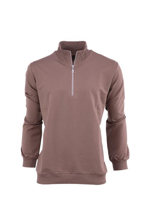 Erkek Mevsimlik Yarım Fermuarlı Tamkalıp Likralı Premium Pamuklu Kumaş İki İplik Sweatshirt Kahverengi XL