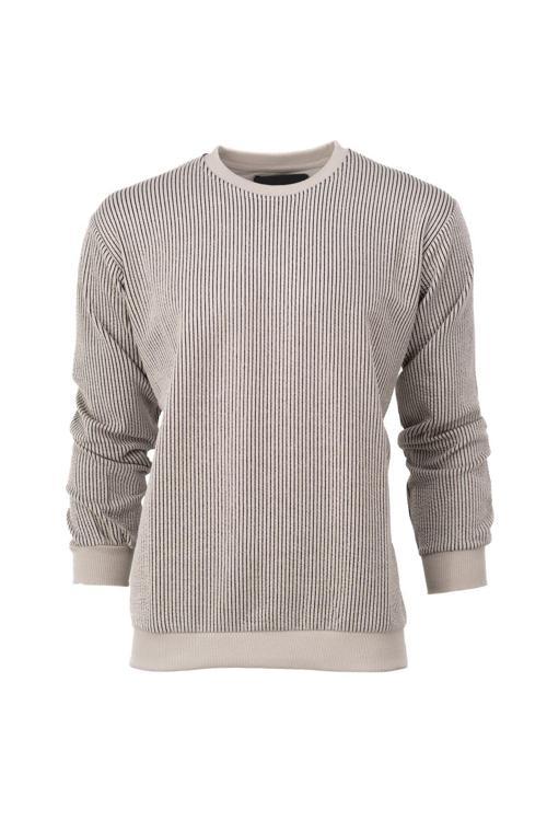 Erkek Mevsimlik Doğal Pamuklu Sweatshirt Bisiklet Yaka Çizgili Rahat Kesim Tam Kalıp Taş Rengi 2XL