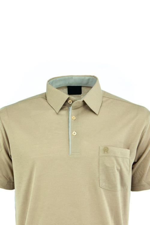 Erkek Cepli Kısa Kollu Düz Renk Normal Kesim Pamuklu Kumaş Gömlek Yaka T-Shirt Camel 2XL