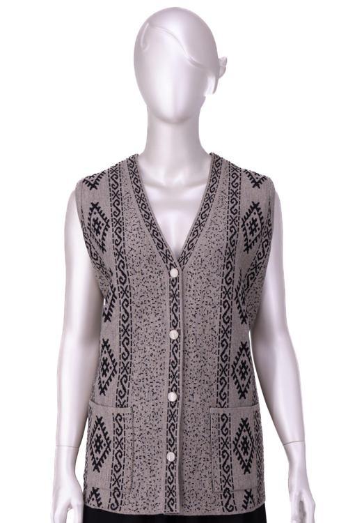 Kadın Kışlık Yünlü Kilim Örme Anne Yelek V Yaka Kendinden Motifli Çift Cepli Düğmeli Sütlü Kahverengi 2XL