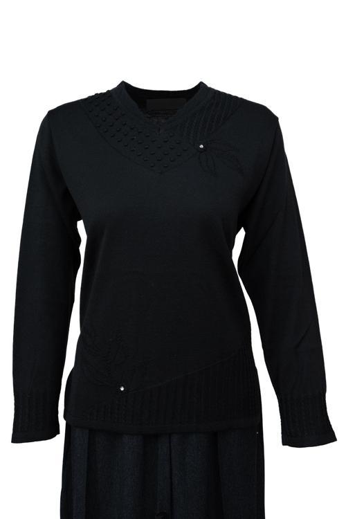 Kadın Anne Kazak Pamuklu Merserize Helen Örme V Yaka Taşlı Ve Kendinden Motifli Likralı Siyah 3XL
