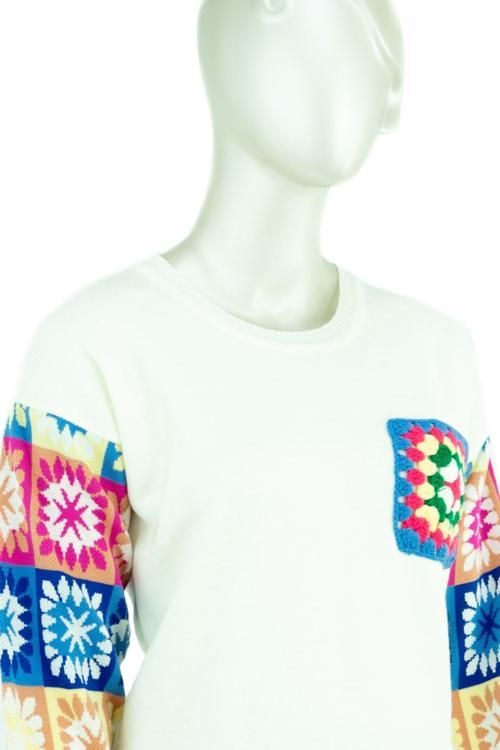 Kadın Kışlık Etnik Motifli Yuvarlak Yakalı Uzun Kollu Likralı Dokuma Triko Yeni Moda Tunik Beyaz Standart