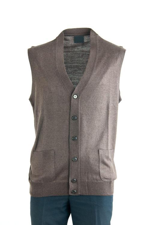 Erkek V Yakalı Düğmeli Cepli Klasik Model Rahat Kesim Tam Kalıp Yünlü Dokuma Yelek Kahverengi 3XL