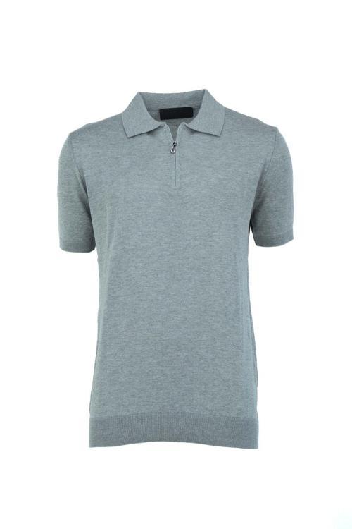 Erkek Polo Yaka Düz Renk Cepsiz Kısa Kol Tam Kalıp Premium Pamuklu Dokuma İnce Triko T-Shirt Gri S
