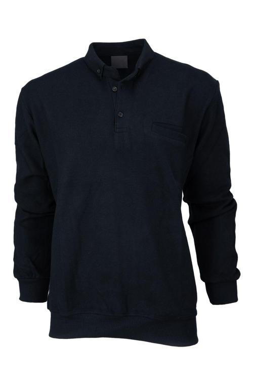 Erkek Kışlık Kazak Pamuklu Örme Düğmeli Polo Yaka Cepli Uzun Kollu Biskay Desenli Rahat Siyah 6XL