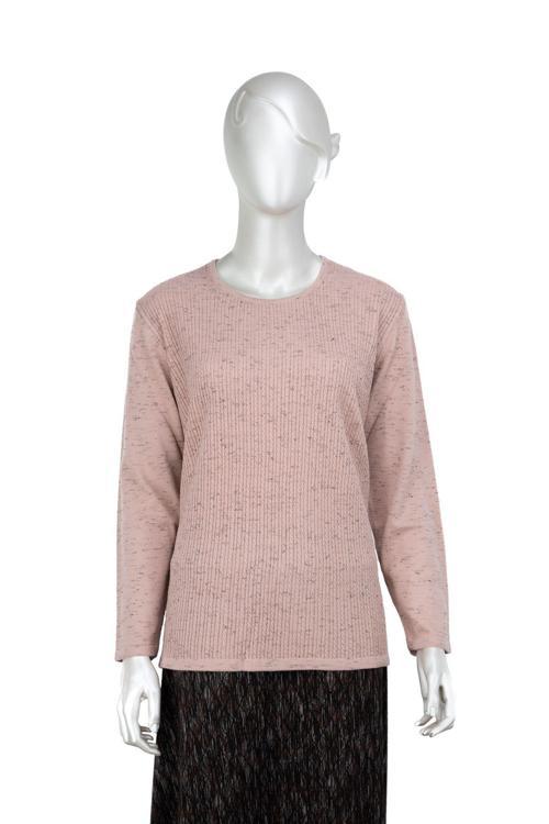 Kadın Kışlık Pamuklu Örme İnce Triko Anne Kazak Yuvarlak Yaka Desenli Uzun Kol Tam Kalıp Koyu Pudra L