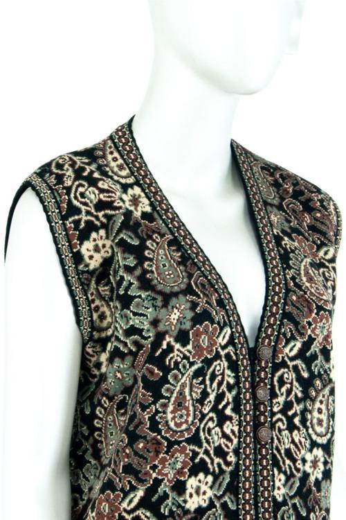 Kadın Kışlık Kilim Motifli Üçdüğmeli Çift Cepli Likralı Triko Dokuma Pamuklu Anne Uzun Yelek Kahverengi XL