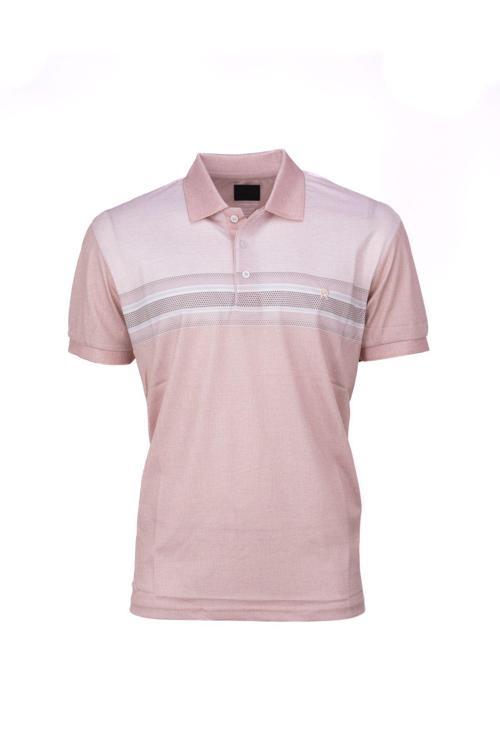 Erkek Pamuklu Merserize Kumaş T-Shirt Cepsiz Polo Yaka Kısa Kollu Çizgi Desenli Tam Kalıp Açık Bej 2XL