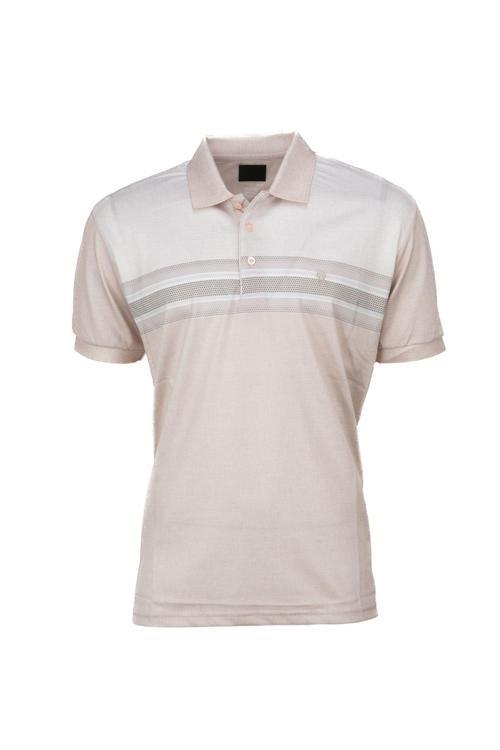 Erkek Pamuklu Merserize Kumaş T-Shirt Cepsiz Polo Yaka Kısa Kollu Çizgi Desenli Tam Kalıp Krem 2XL