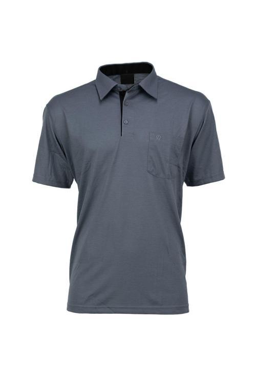 Erkek Cepli Kısa Kollu Düz Renk Normal Kesim Pamuklu Kumaş Gömlek Yaka T-Shirt Füme M