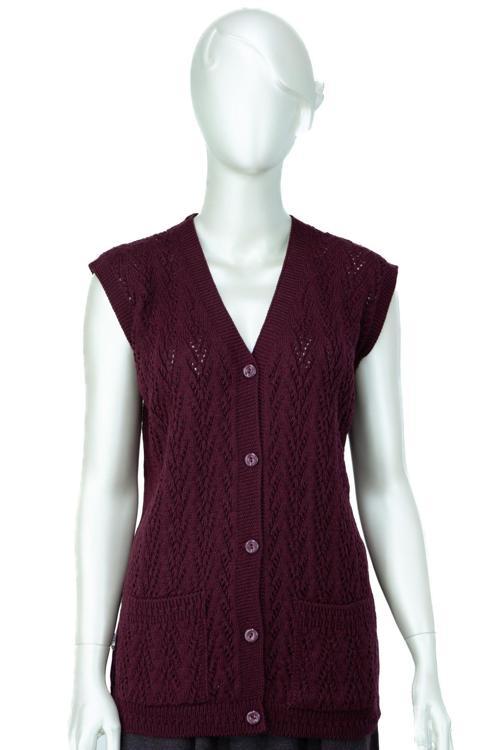 Kadın Kışlık Pamuklu Triko Klasik Örme Anne Yelek Kilim Örgü Model Önden Düğmeli Çift Cepli Bordo Standart