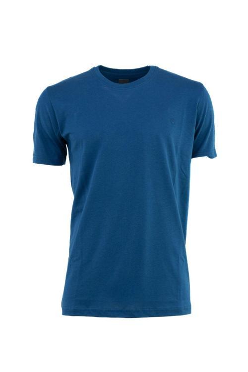 Erkek Sıfır Yaka Armalı Kısa Kollu Düz Renk Normal Kesim Premium %100 Pamuk Kumaş Tişört Koyu Mavi 2XL