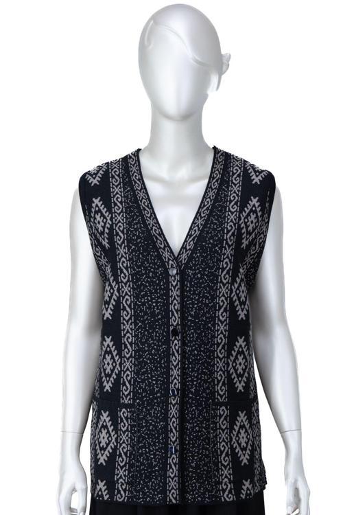 Kadın Kışlık Yünlü Kilim Örme Anne Yelek V Yaka Kendinden Motifli Çift Cepli Düğmeli Siyah XL