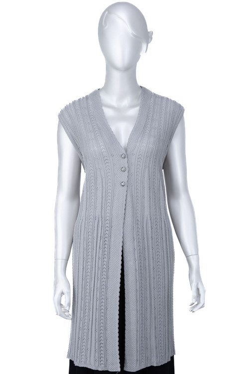 Kadın Pamuklu Rölaks Örme Anne Yelek V Yaka Sanat Motifli Delikli Üç Düğmeli Likralı Vizon XL