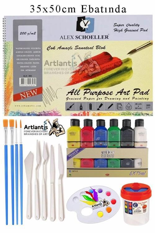 Alex Schoeller Çok Amaçlı Sanatsal Blok 35x50 200 gr 15 Yaprak Artdeco 75 ml Akrilik Boya 6 Renk Plastik Spatula Fırça