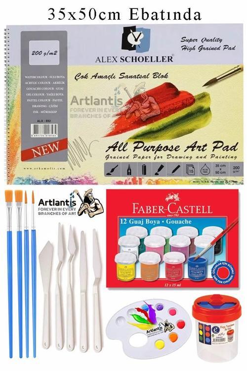 Alex Schoeller Çok Amaçlı Sanatsal Blok 35x50 200 gr 15 Yaprak Faber 12 Renk 20 ml Guaj Boya Plastik Spatula Fırça
