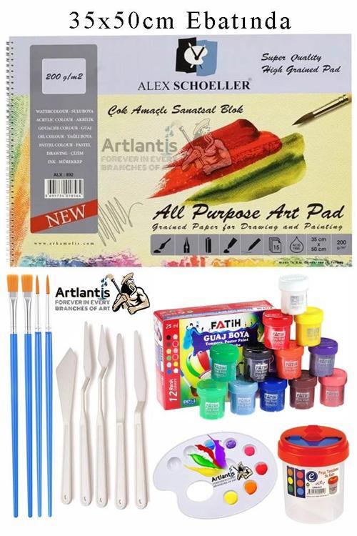 Alex Schoeller Çok Amaçlı Sanatsal Blok 35x50 200 gr 15 Yaprak Fatih 12 Renk 20 ml Guaj Boya Plastik Spatula Fırça