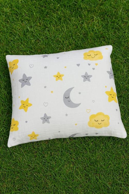 Müslin Bebek Yastık Kılıfı  % 100 Pamuklu Yıldızlı Aylı  35X44