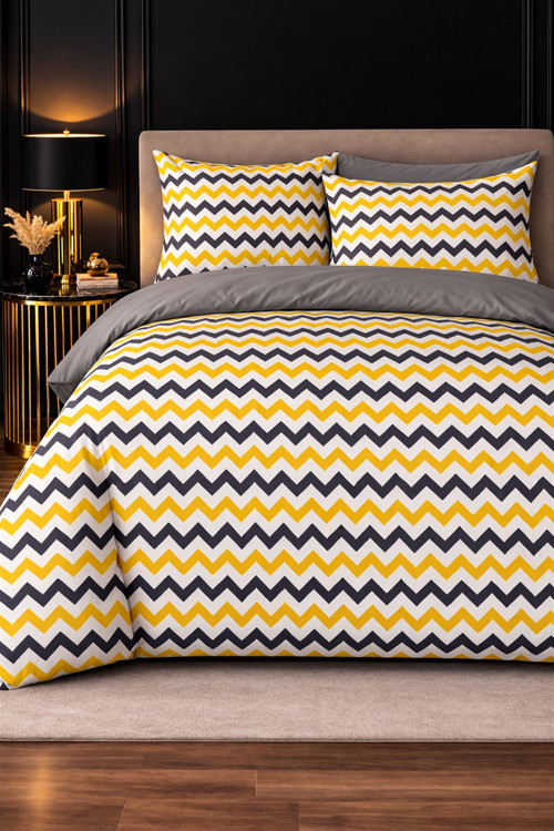 Tek Kişilik Pamuklu Nevresim Takımı Lastikli Çarşaflı Zikzaklı Sarı Gri Beyaz Antrazit