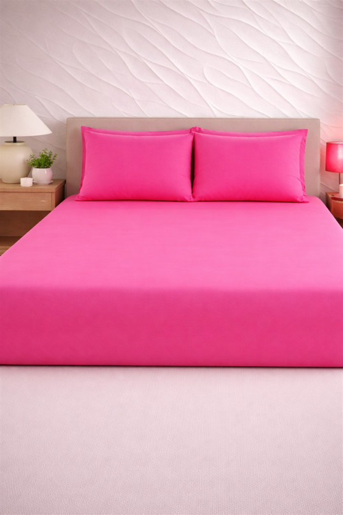 Çift Kişilik Lastikli Çarşaf Takımı Yastık Kılıfı Fuşya