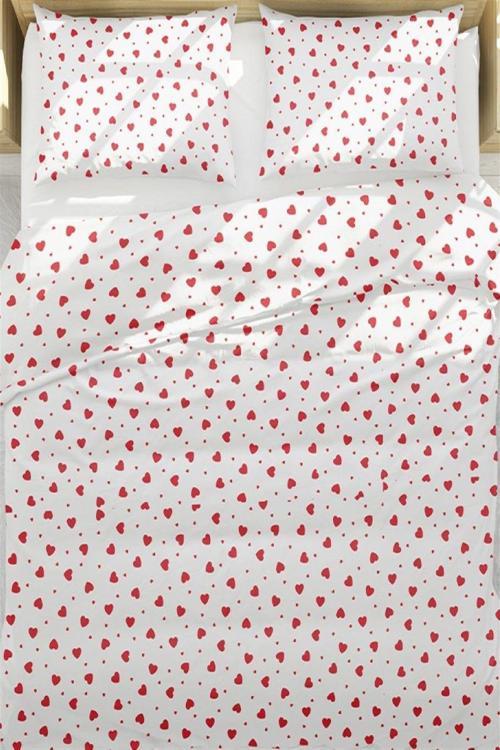 Tek Kişilik Pamuklu Nevresim Takımı Kalp Desenli Beyaz Kırmızı