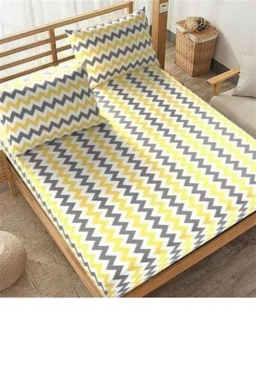 Çift Kişilik Lastikli Çarşaf Seti + 2 Yastık Kılıfı 180×200 Zikzaklı Sarı Gri Beyaz