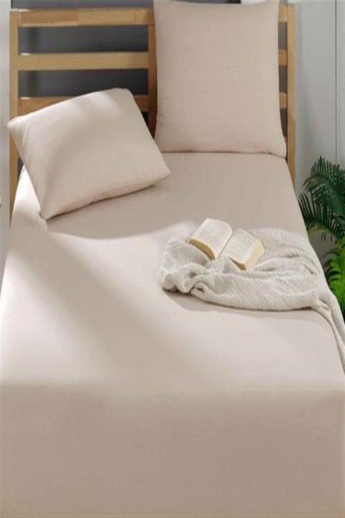Tek Kişilik Pamuklu  Lastikli Çarşaf + yastık kılıfı  Bej