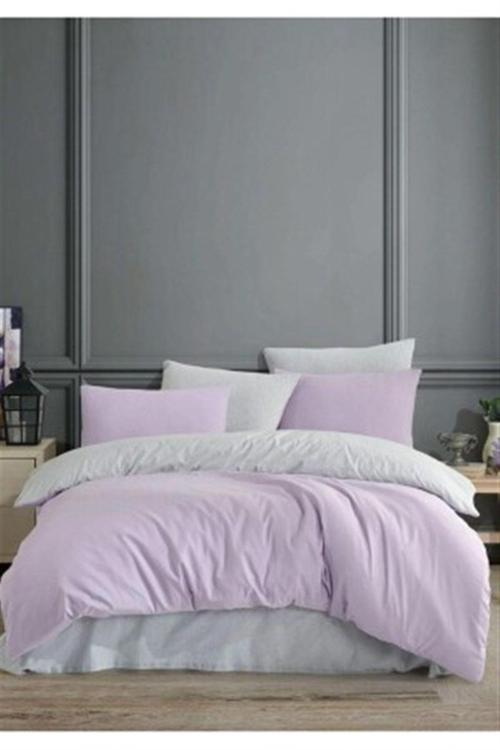 Çift Kişilik Lastikli Çarşaf Nevresim Takımı Lila Açık Gri