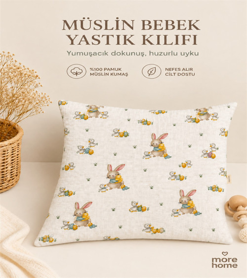Bebek Yastık Kılıfı Müslin 1 Adet 35X45 Ördekli & Tavşanlı