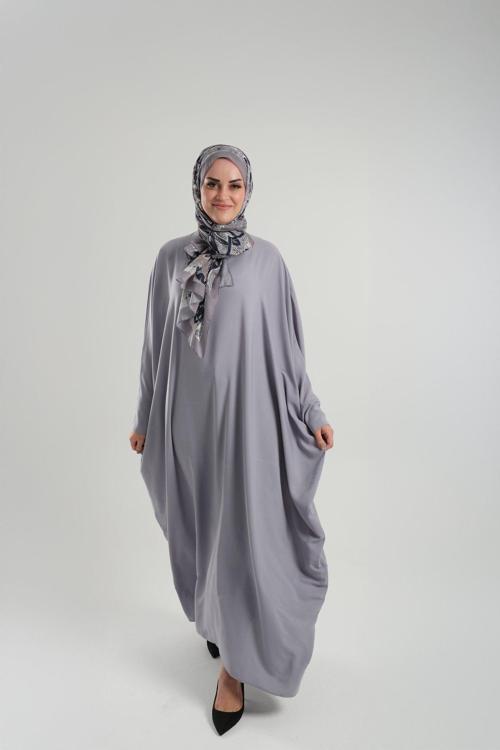 Gri Yarasa Kol Oversize Medine İpeği Arkası Düğmeli Düz Elbise 4001_15